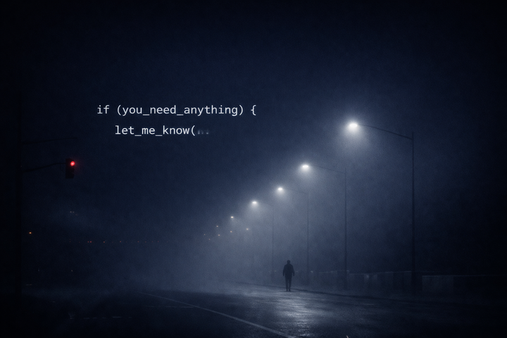 Foggy nighttime street with dim streetlights and a lone figure walking away into the mist, overlaid on the left with faint monospaced code reading “if (you_need_anything) { let_me_know(”, creating a sense of an unfinished message.