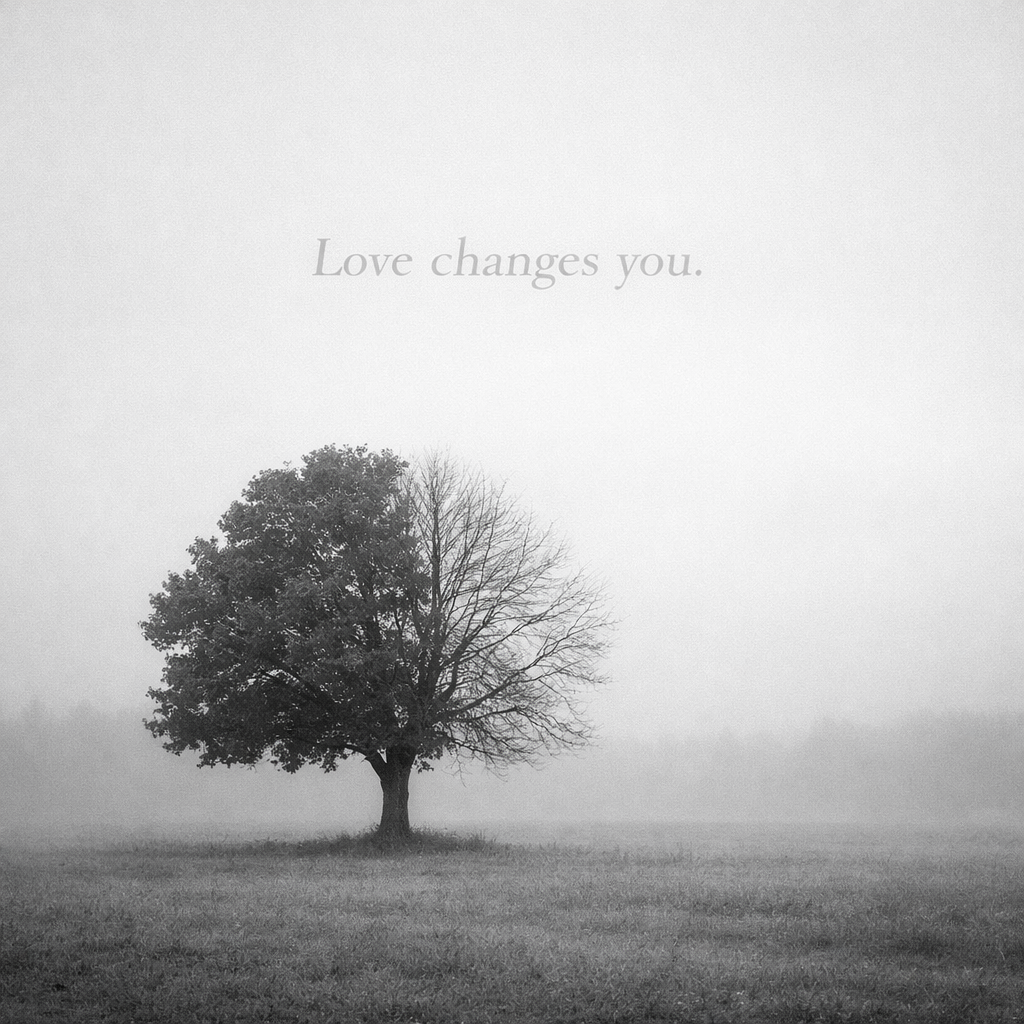 Single tree in a calm, open landscape, symbolizing emotional growth, change, and the evolution of love over time