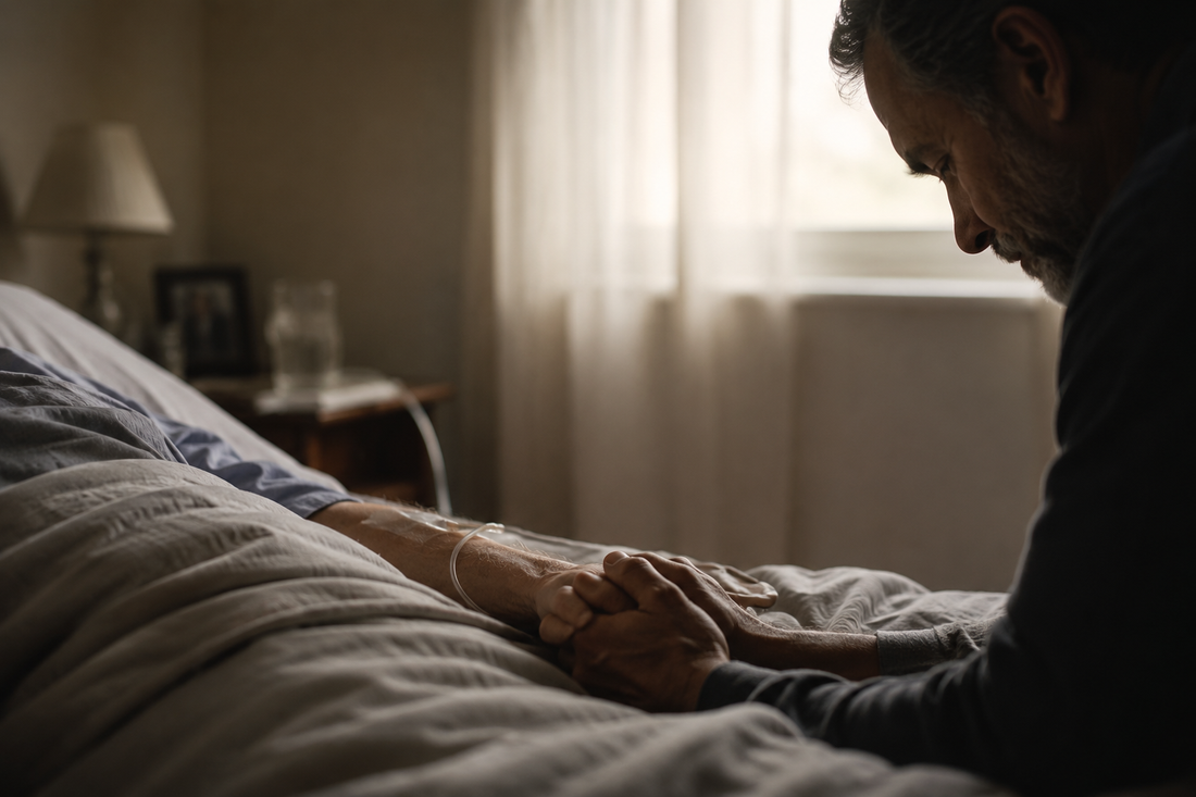 man sits beside his dying brother, holding his hand and waiting through each breath and pause during a peaceful bedside vigil.