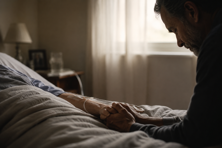 man sits beside his dying brother, holding his hand and waiting through each breath and pause during a peaceful bedside vigil.