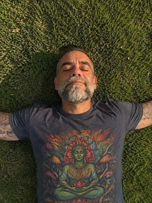 An a man lying peacefully on lush green grass with his arms outstretched, eyes closed, and a calm expression. Wearing a dark gray T-shirt, heand fully present, reflecting a quiet moment of inner peace, stillness, and connection with nature.