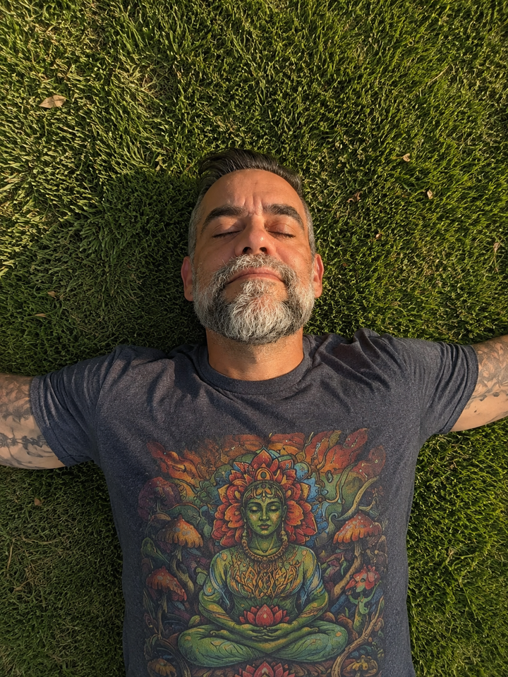 An a man lying peacefully on lush green grass with his arms outstretched, eyes closed, and a calm expression. Wearing a dark gray T-shirt, heand fully present, reflecting a quiet moment of inner peace, stillness, and connection with nature.