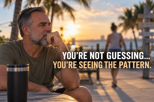 A man in a T-shirt and shorts sits outdoors in Florida at sunset, quietly observing a blurred person in the distance, with the words “You’re not guessing… you’re seeing the pattern.”