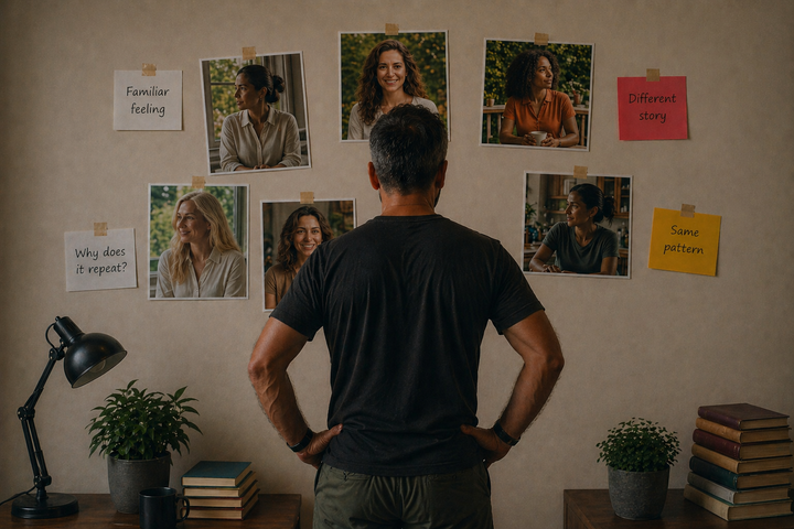 Man standing with hands on hips in front of a wall of women’s photos and handwritten notes, reflecting on repeated emotional patterns, old wounds, and self-awareness in relationships