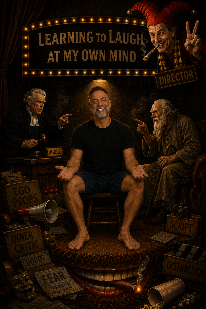 Smiling man seated on a theater stage, surrounded by symbolic characters and props that represent the voices of the mind, illustrating the freedom that comes from laughing at yourself.