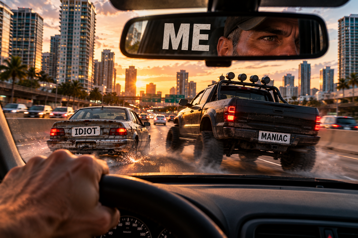 Driver gripping the steering wheel in city traffic while an “IDIOT” car and “MANIAC” truck cross ahead, with “ME” reflected in the rearview mirror.