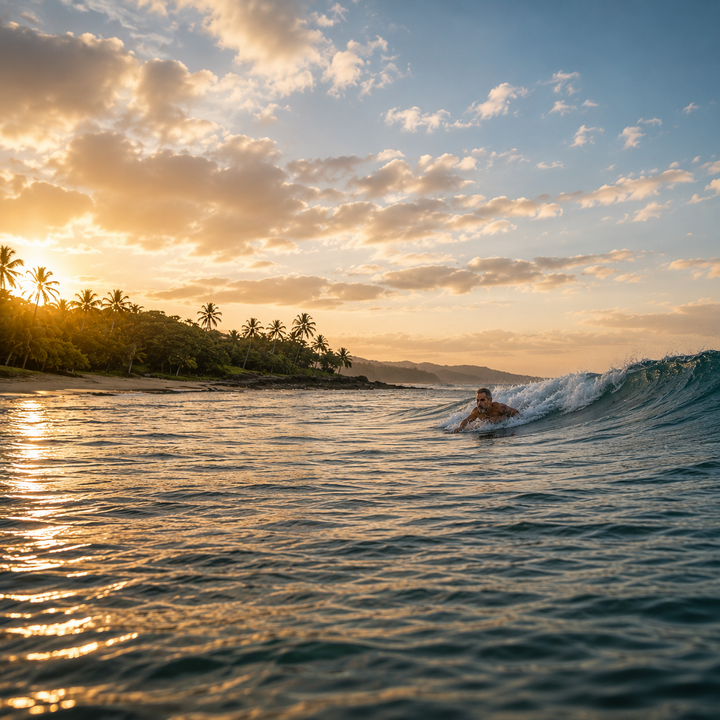 Man body surfing a wave along a tropical coastline, symbolizing resilience, balance, and life's changing seasons.