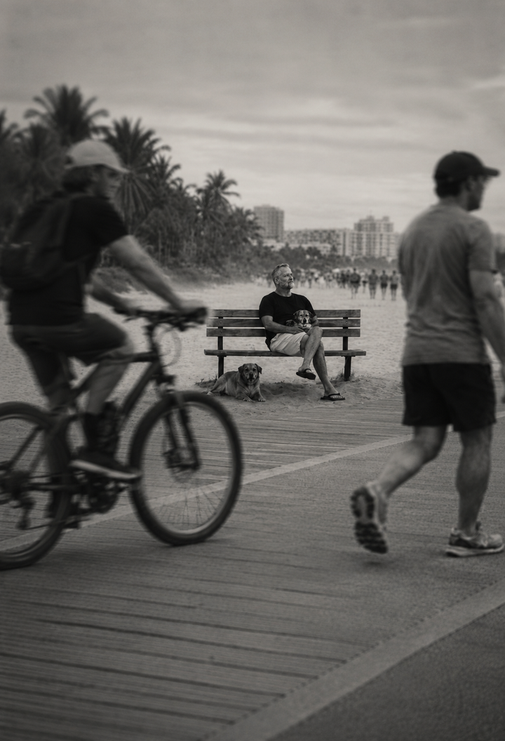 Black and white image of a man sitting quietly on a beachside bench with two dogs while blurred people move past him, capturing stillness, awareness, and observation.