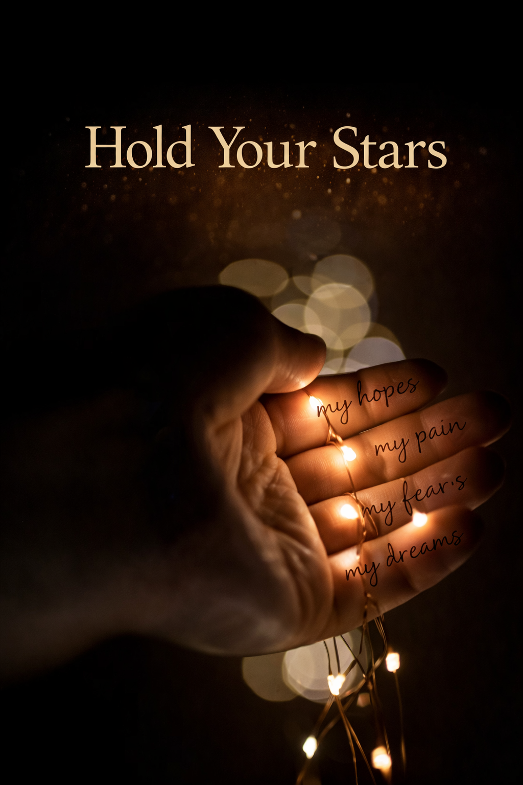 A close-up of a hand gently holding glowing string lights in a dark setting, with soft warm light illuminating the fingers
