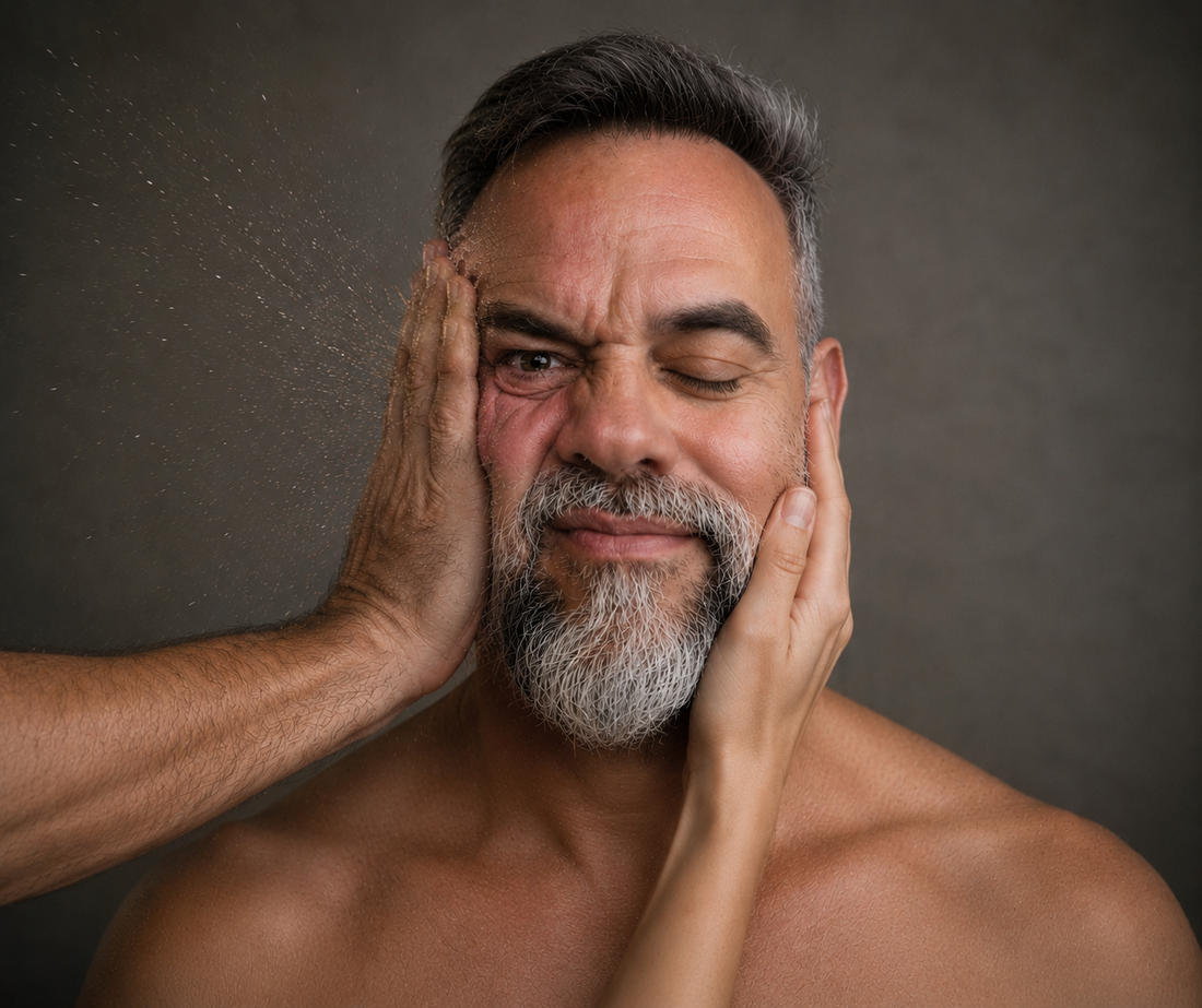 Split portrait of a bearded man showing the contrast between harsh truth and gentle lies, with one side of his face forcefully pressed in tension and the other softly caressed in calm acceptance.