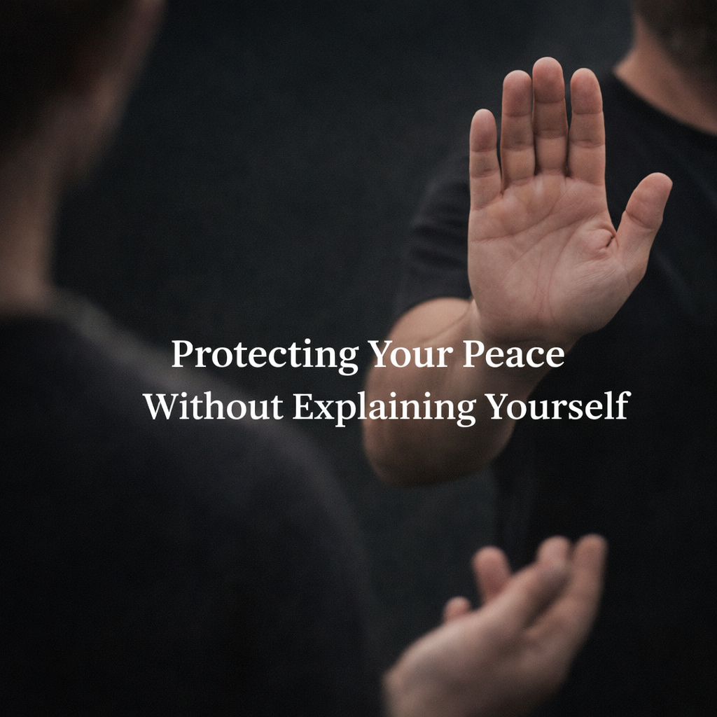 Man in a black t-shirt raises his hand in a calm stop gesture while a blurred figure on the side gestures with an open hand, representing setting boundaries and protecting personal space.