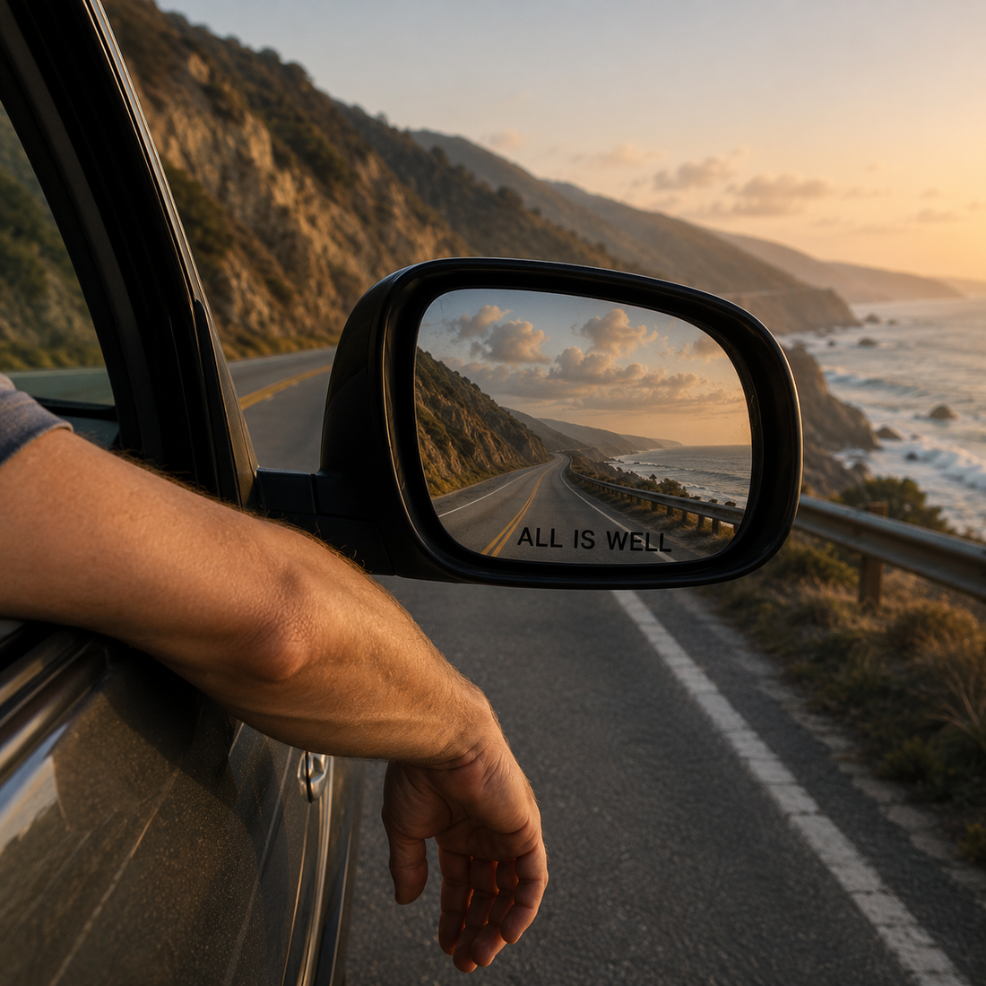 A close-up view of a man’s relaxed arm hanging out of a car window while driving along a coastal highway at sunset. The side mirror reflects the winding ocean road with the words “ALL IS WELL” styled like an automotive mirror warning.