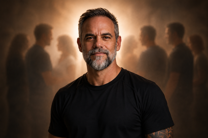 A calm, grounded man with a slight confident smile stands centered, wearing a black shirt, while blurred figures in the background suggest emotional interactions, symbolizing detachment, clarity, and staying open without being pulled in.