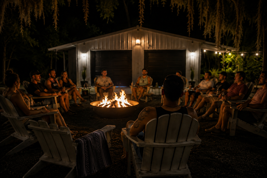 A group gathers around a fire pit as quiet observation unfolds. 