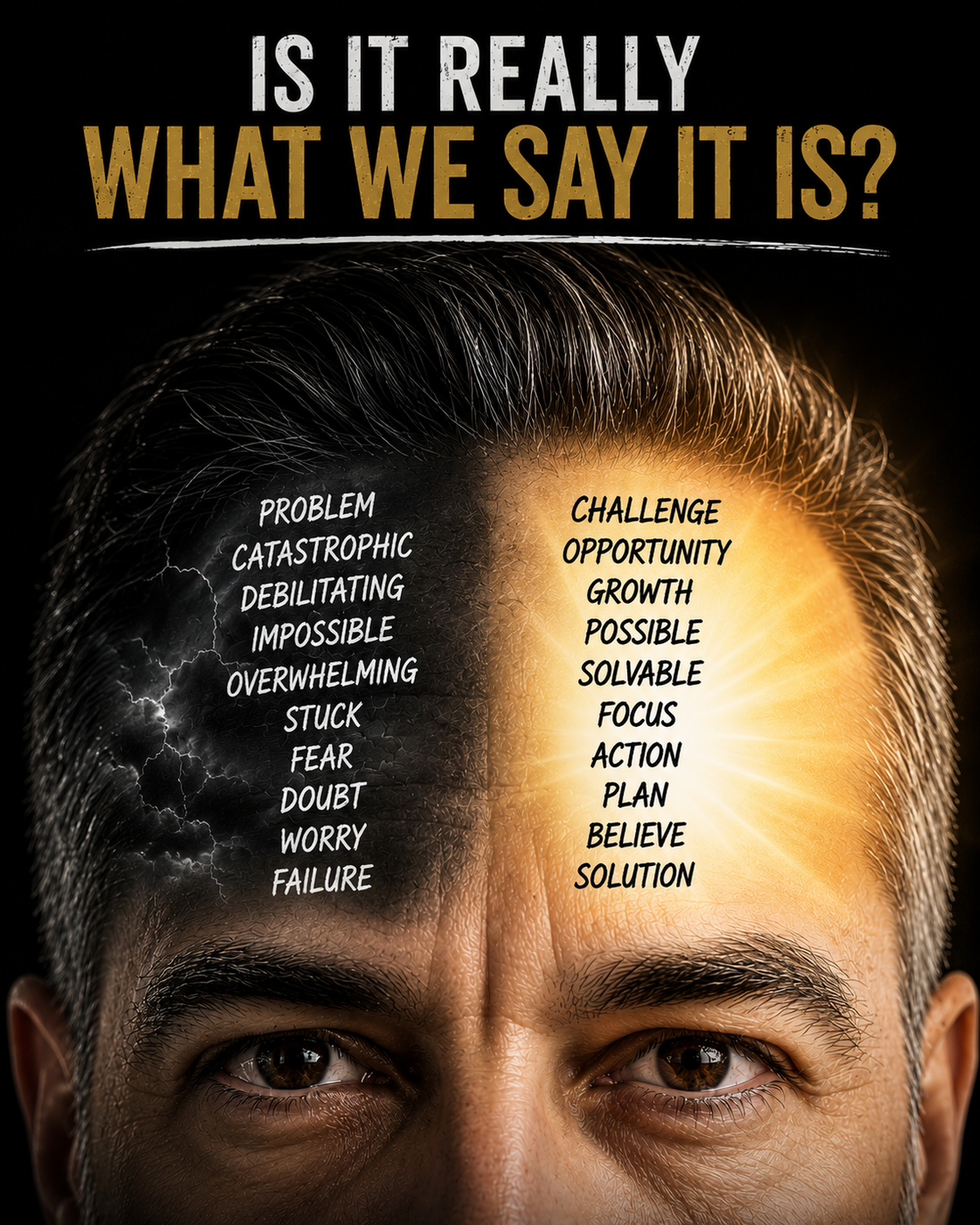 Close-up portrait showing two contrasting mindsets, from fear and overwhelm to challenge, growth, and solution-focused thinking.