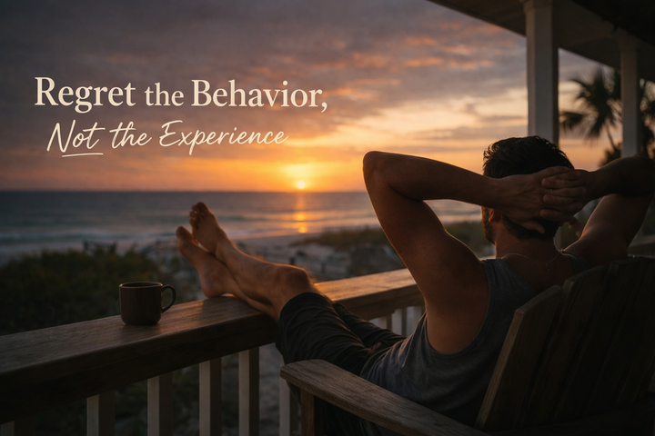 Man relaxing on a beach porch at sunset in Florida, legs up on the railing with hands behind his head and a coffee mug nearby, reflecting on behavior, growth, and life experiences