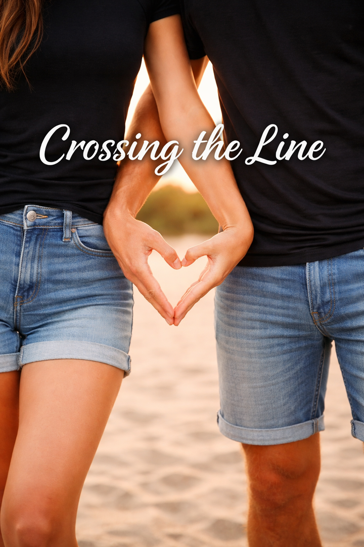 A woman on the left and a man on the right wearing black T shirts and denim shorts, forming a heart shape with their hands, with the title Crossing the Line centered above them.