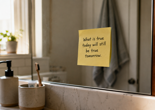 Yellow sticky note on a bathroom mirror reading “What is true today will still be true tomorrow,” representing patience, reflection, and integration after a transformational experience.