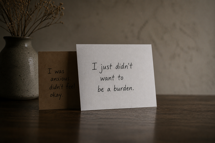 Handwritten notes on a wooden table revealing hidden anxiety behind people-pleasing and being considerate.