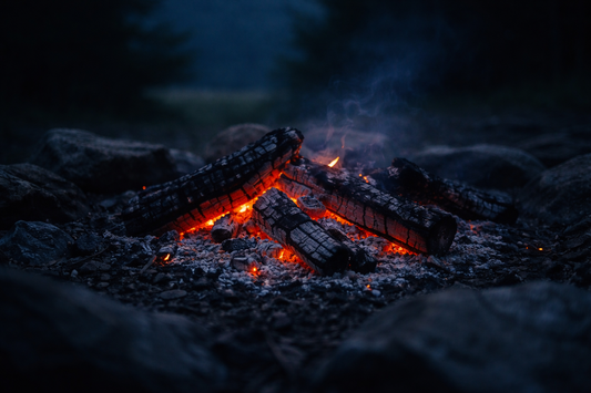 Glowing embers in a dark setting, representing something within that is still alive, steady, and quietly enduring