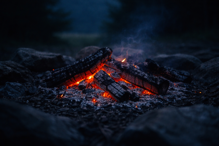 Glowing embers in a dark setting, representing something within that is still alive, steady, and quietly enduring