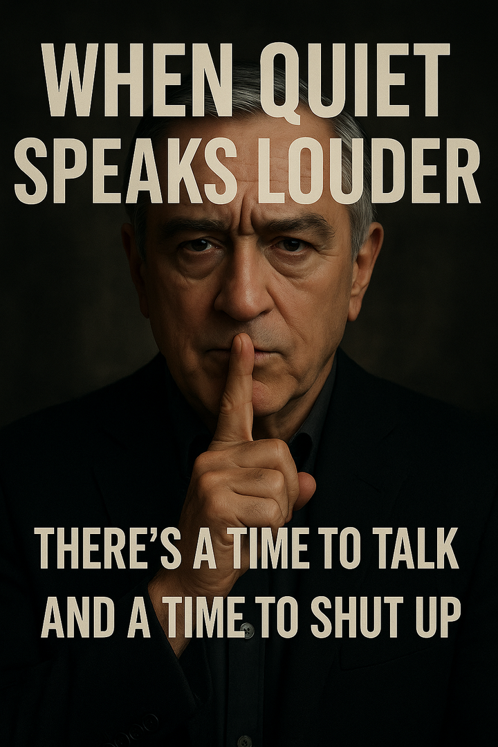 Man holding a finger to his lips in a quiet gesture, with text about silence speaking louder, representing stillness, restraint, and the power of choosing when to speak