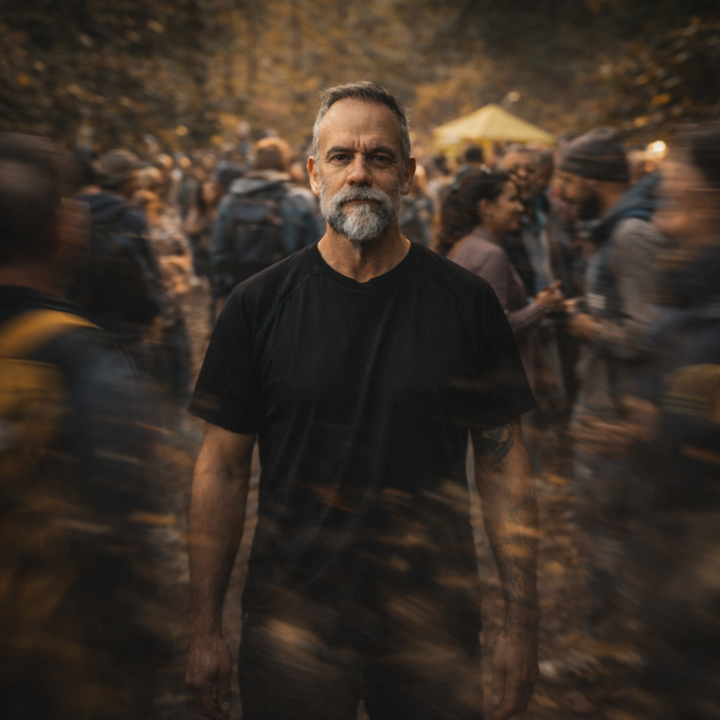 Man standing still and grounded while a busy crowd moves around him, representing managing emotions and staying centered in chaos
