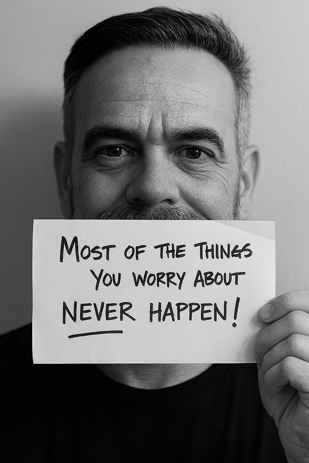 Black-and-white photo of a middle-aged man holding a sign in front of his mouth that reads, “Most of the things you worry about never happen!”