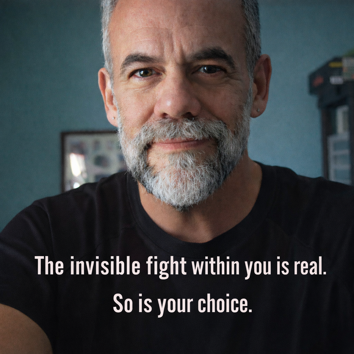 Close-up portrait of a man with a calm expression, representing the invisible internal fight between mind and emotions, with the text “The invisible fight within you is real. So is your choice.”