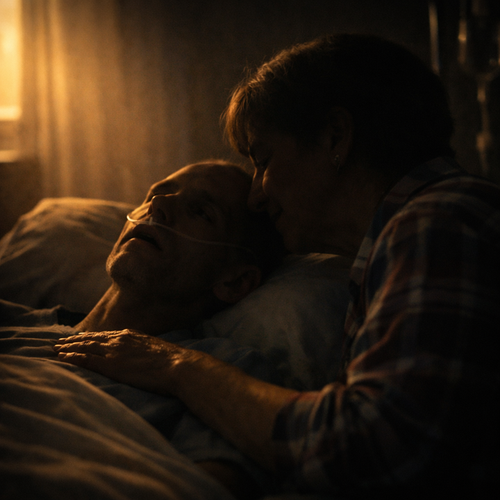 A mother with short hair sits beside her dying son in a dimly lit hospital room, her hand resting over his heart as she leans in close, guiding him with quiet faith and peace in his final moments.