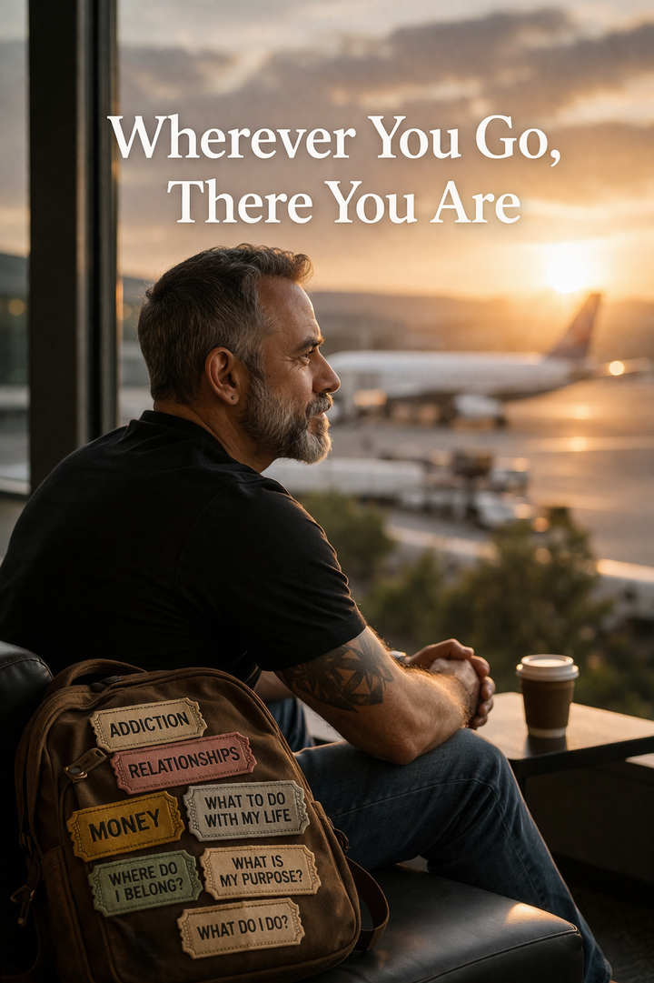A man sitting alone in an airport lounge at sunset, looking out the window in reflection. 