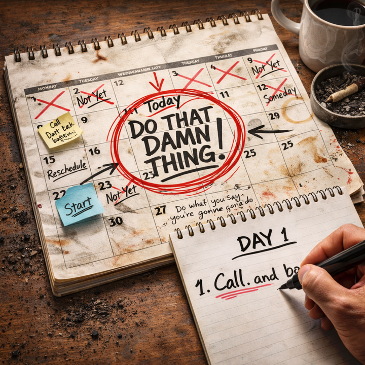 Messy desk calendar with crossed-out days and a circled “do that damn thing” message, next to a notepad labeled Day 1 where a hand begins writing a to-do list