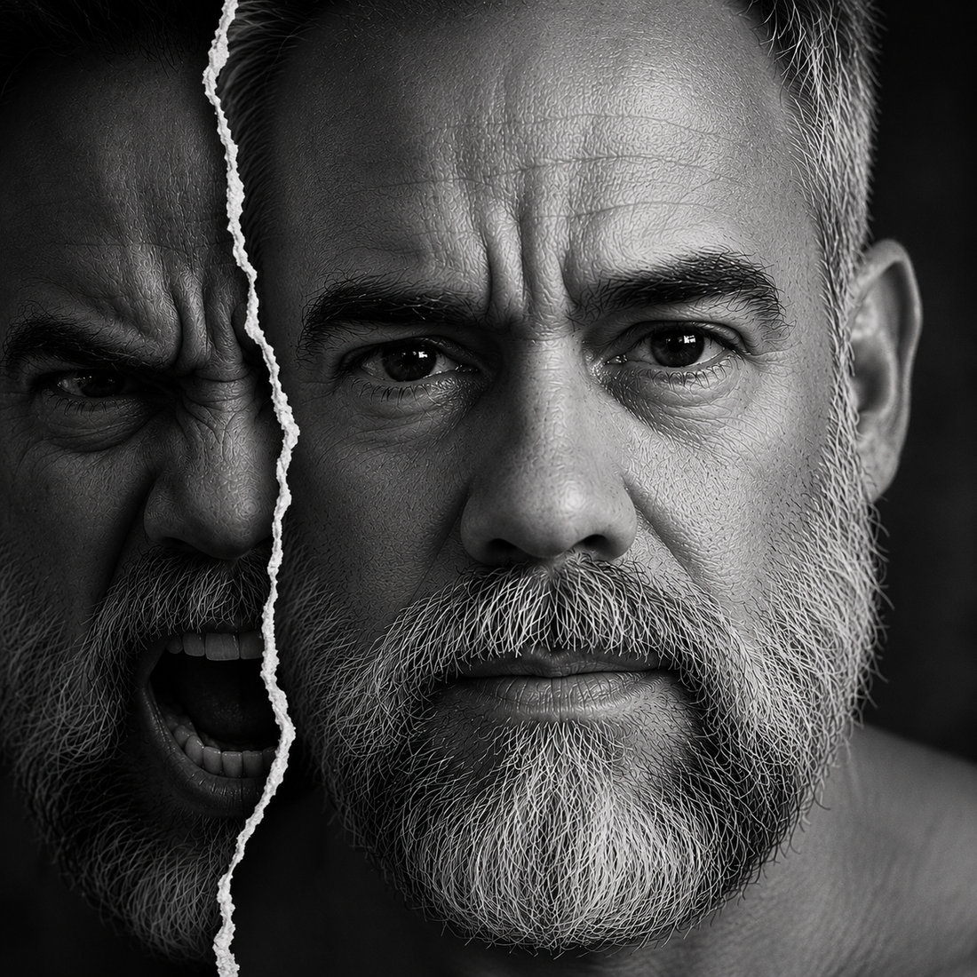 Black-and-white split portrait illustrating emotional regulation, anger awareness, and personal growth.