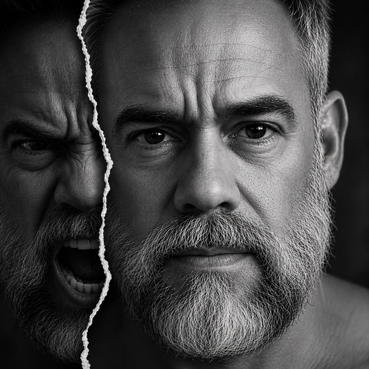 Black-and-white split portrait illustrating emotional regulation, anger awareness, and personal growth.