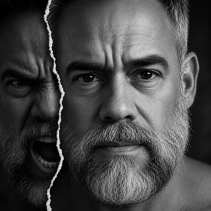 Black-and-white split portrait illustrating emotional regulation, anger awareness, and personal growth.