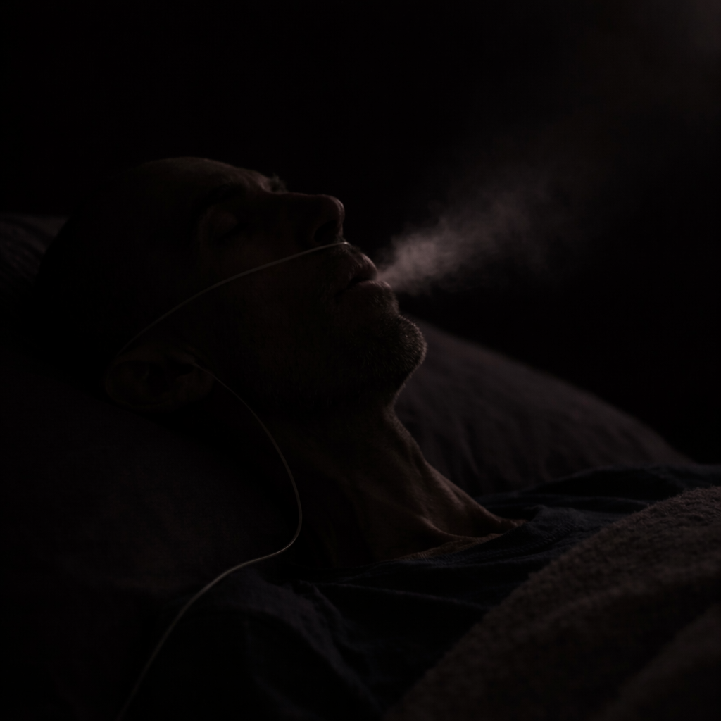 Silhouetted frail man lying in bed with oxygen cannula looped around his ears, mouth open as a faint final breath moves outward into the darkness