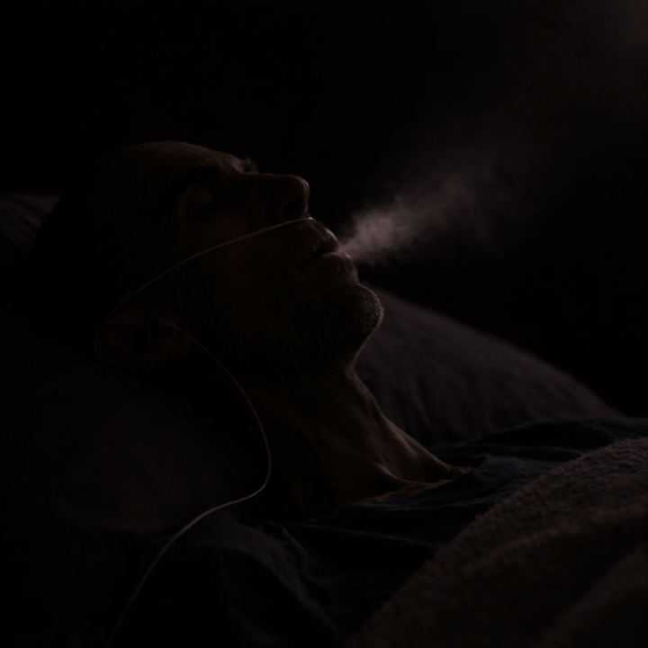 Silhouetted frail man lying in bed with oxygen cannula looped around his ears, mouth open as a faint final breath moves outward into the darkness