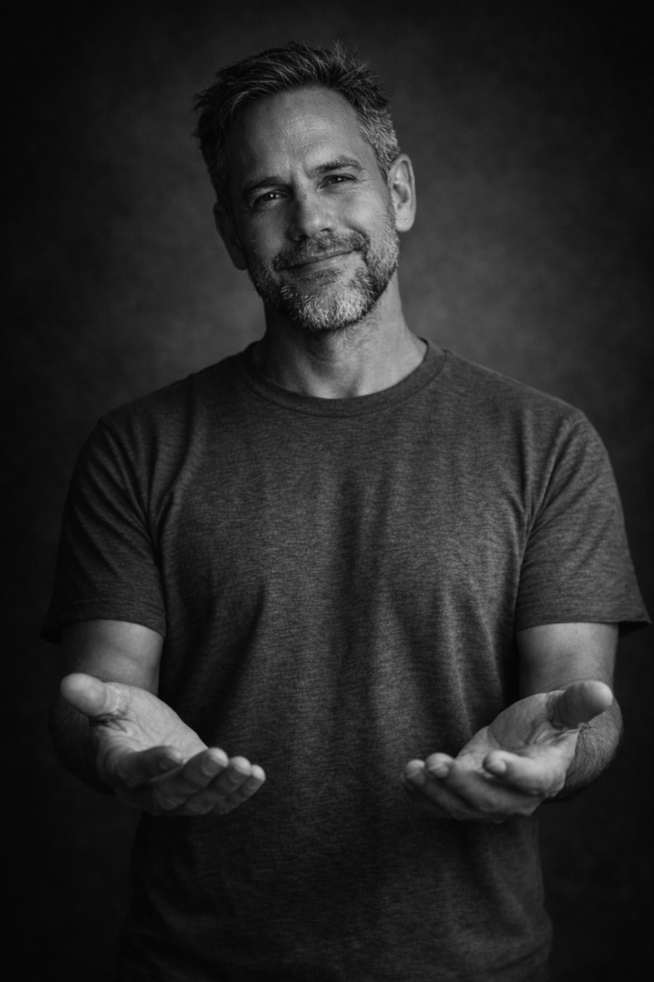 Black and white portrait of a man with a subtle smile, expressing quiet strength, presence, and willingness to help others
