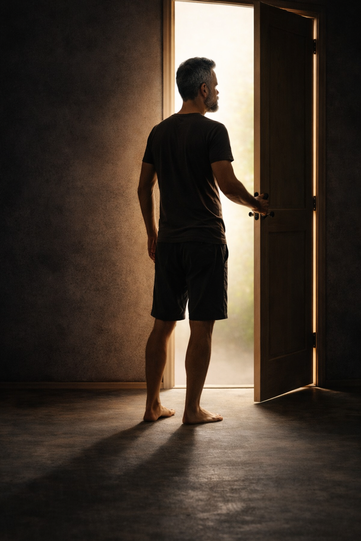 Man with short gray hair and beard standing barefoot in a dim room, opening a door to bright light, symbolizing stepping into a new chapter