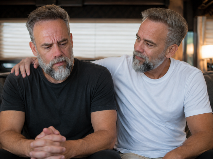 Two versions of the same man sit side by side, one struggling and one offering quiet reassurance and support.