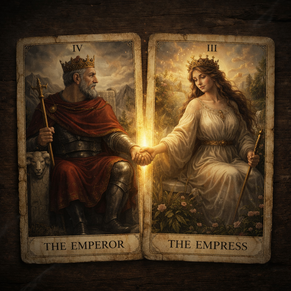 Two vintage tarot cards, The Emperor and The Empress, resting on a wooden surface, reaching toward each other with a soft glowing light where their hands meet, symbolizing balance between strength and compassion.
