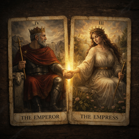 Two vintage tarot cards, The Emperor and The Empress, resting on a wooden surface, reaching toward each other with a soft glowing light where their hands meet, symbolizing balance between strength and compassion.