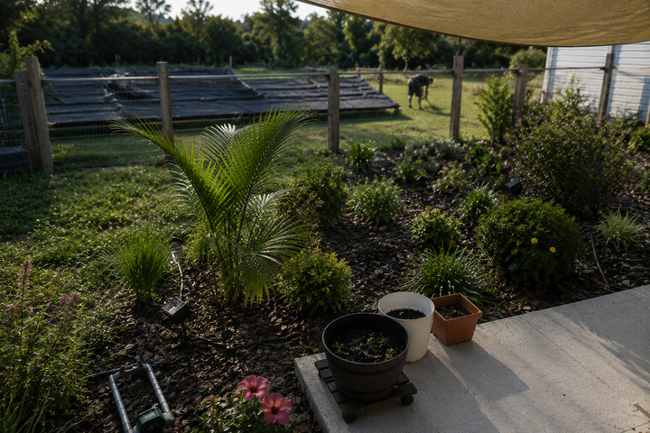 A quiet backyard garden viewed from a shaded patio, with lush plants in the foreground and a barefoot person tending the garden in the distance, symbolizing the quiet, unseen work of consistency and discipline.