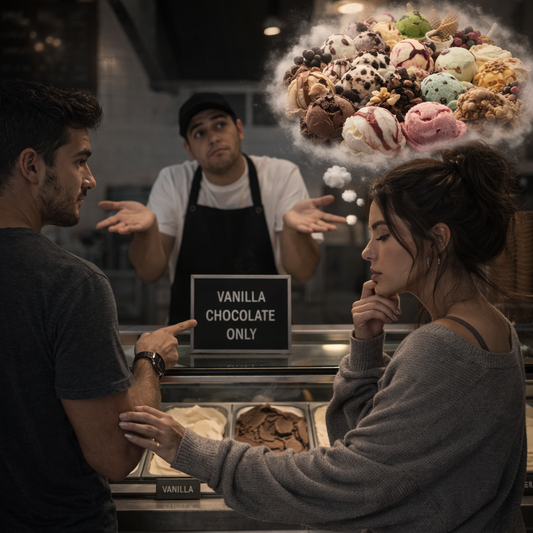 Man pointing at a sign that reads ‘vanilla and chocolate only’ while an attendant shrugs, as a thoughtful woman touches his arm and imagines multiple ice cream flavors above her head, representing different perspectives in relationships