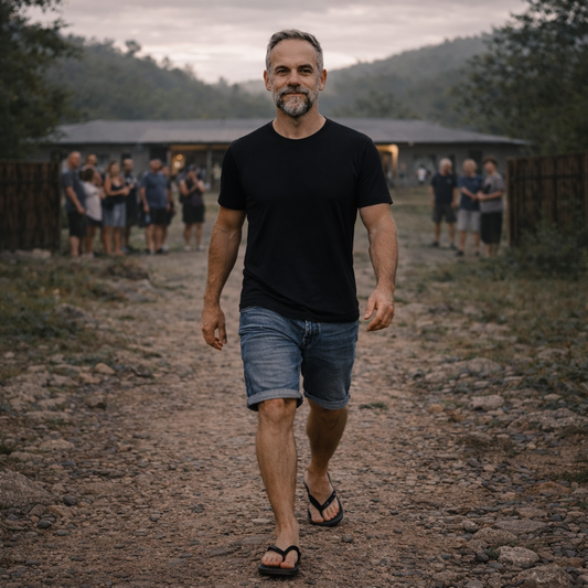 A calm and confident man walks forward on a rocky path in flip-flops while a modern community stands behind him, some watching as he leaves, symbolizing independence and personal growth.