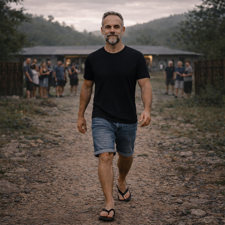 A calm and confident man walks forward on a rocky path in flip-flops while a modern community stands behind him, some watching as he leaves, symbolizing independence and personal growth.