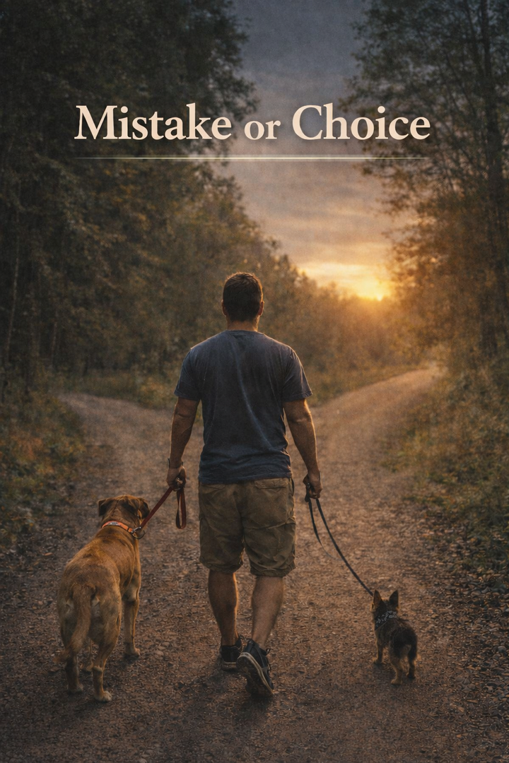 Man walking two dogs on a forest trail at sunset, approaching a fork in the path, reflecting on choices, awareness, and personal growth