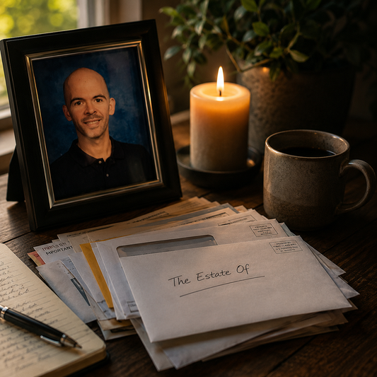 Framed photo beside estate letters and a candle, symbolizing grief, remembrance, and the reality of loss.