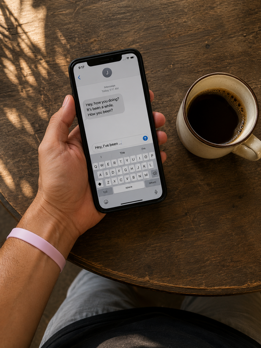 arm holding a phone with an unfinished text reply beside a cup of coffee.