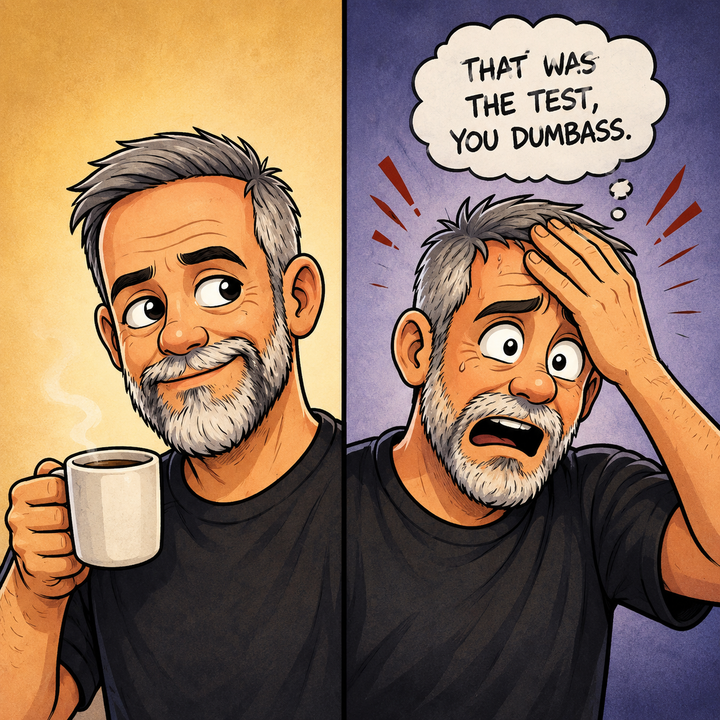 Split cartoon showing a man calmly aware on one side and realizing his mistake on the other, symbolizing how life teaches through experience.
